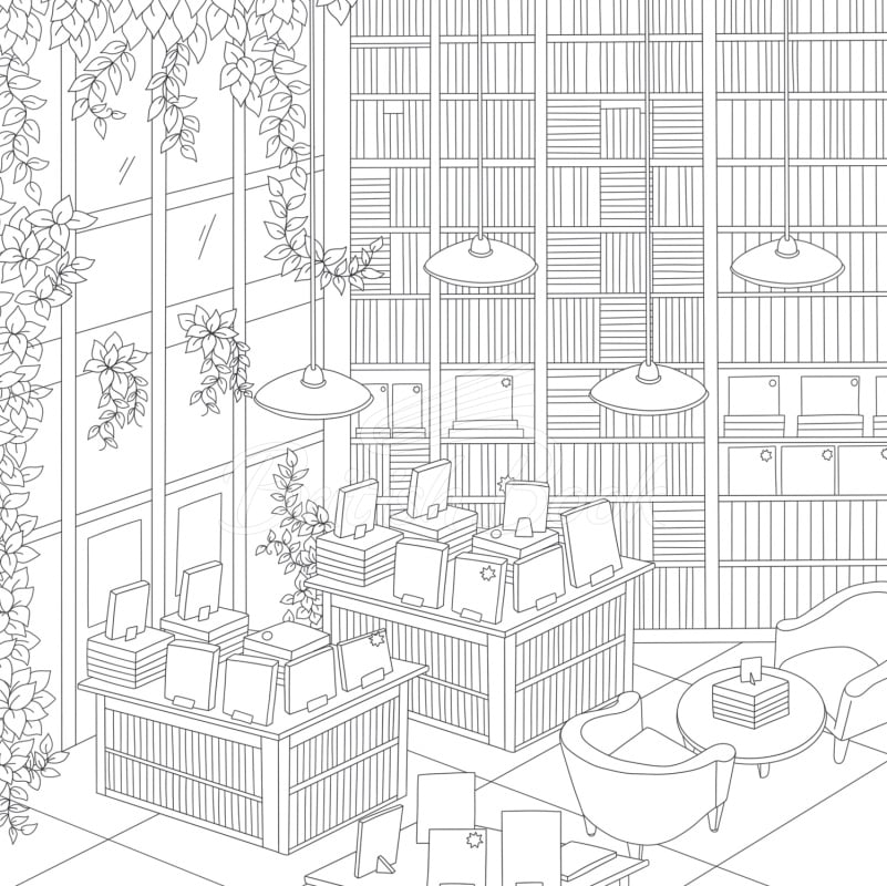 Книга Cozy Bookshops Colouring Book изображение 4