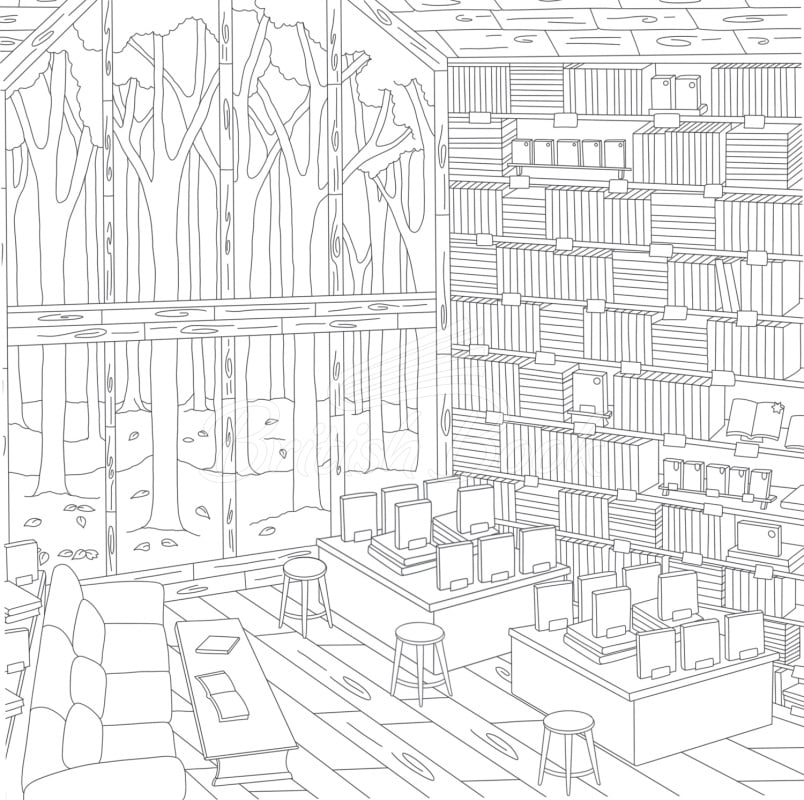 Книга A World of Cozy Bookstores Colouring Book зображення 1