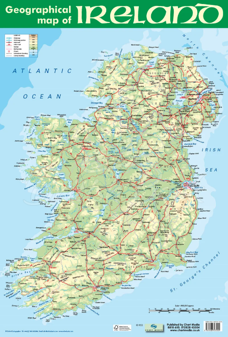 Карта Geographical Map of Ireland Poster изображение